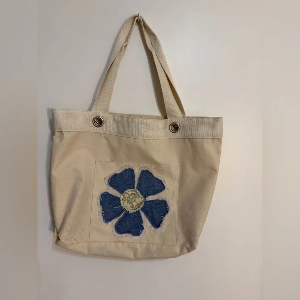 Upcycled Canvas Cream Beige Tote Bag with Blue Floral Accent